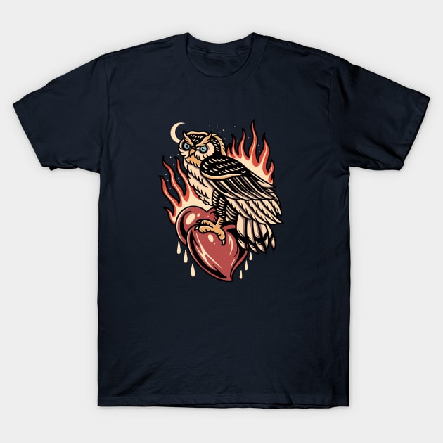 Vintage Owl and Flaming Heart T-Shirt by SLAG_Creative